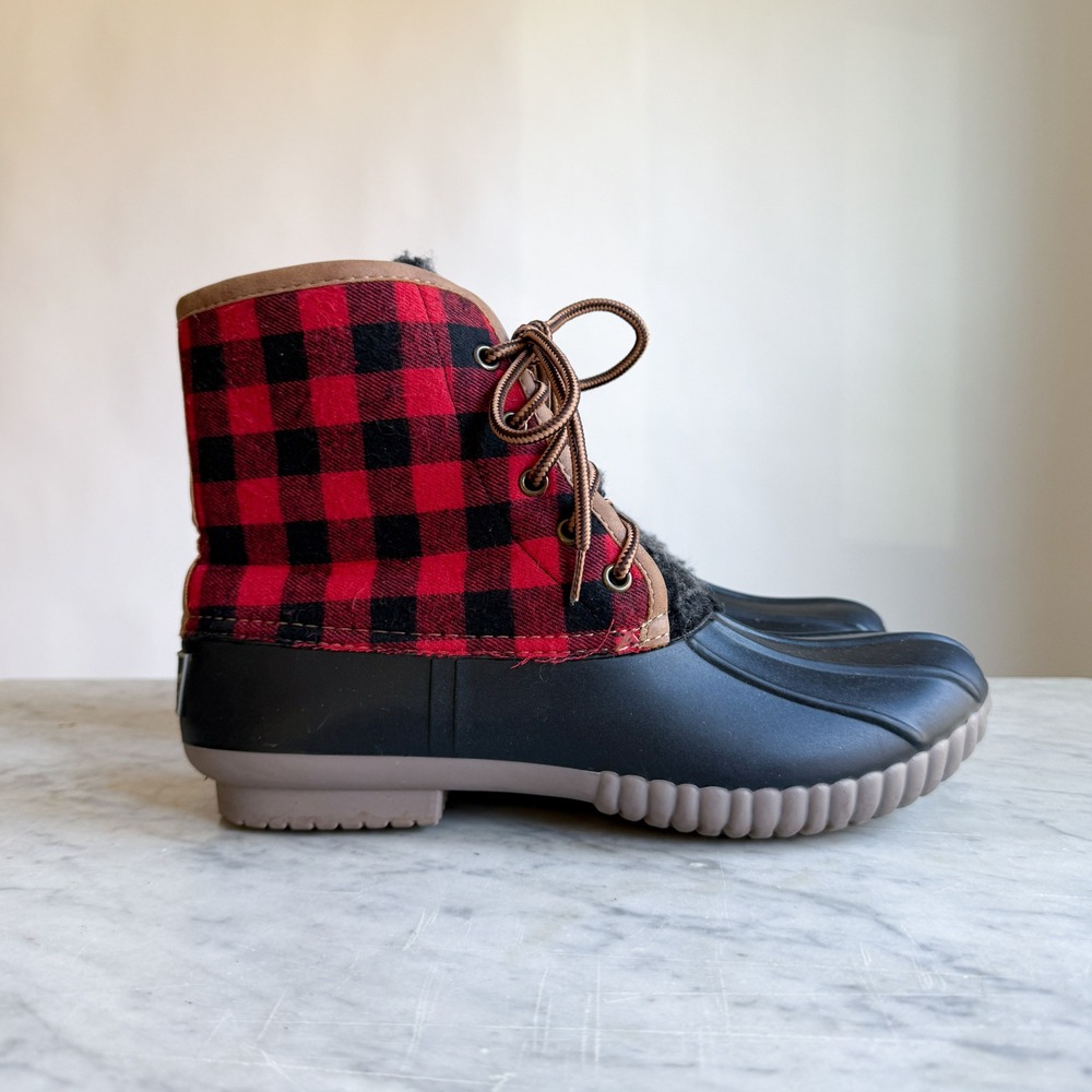 Simply Southern Womens Buffalo Plaid Duck Boots Red Black Lace Up Size 9
